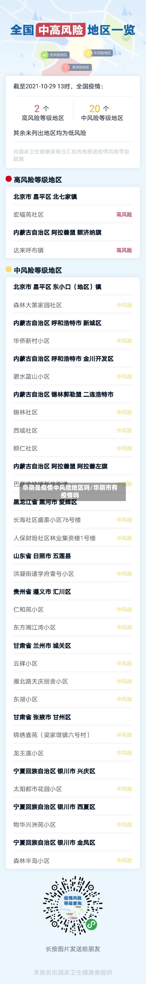 华阴是疫情中风险地区吗/华阴市有疫情吗